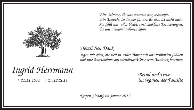  Traueranzeige für Ingrid Herrmann vom 14.01.2017 aus  Sonntags-Post 