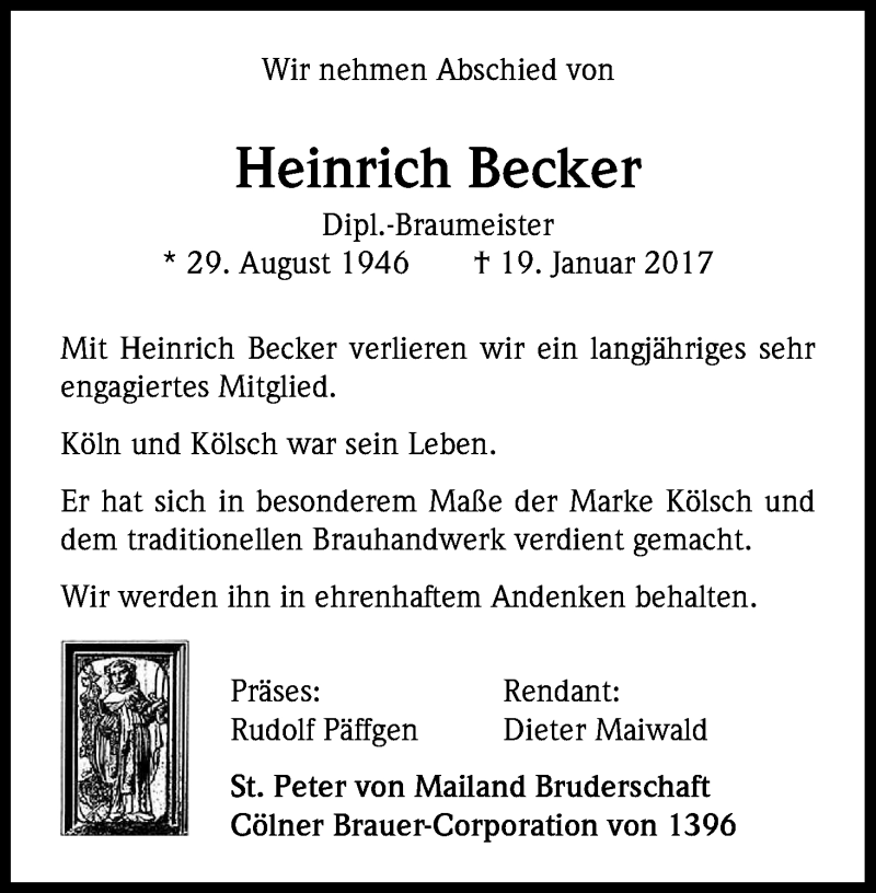 Traueranzeige für Heinrich Becker vom 28.01.2017 aus Kölner Stadt-Anzeiger / Kölnische Rundschau / Express