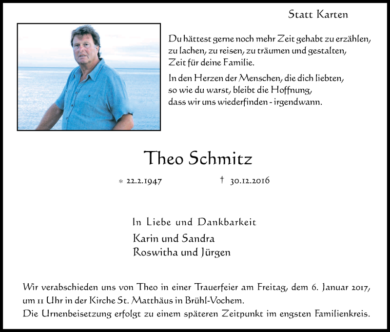  Traueranzeige für Theo Schmitz vom 04.01.2017 aus Kölner Stadt-Anzeiger / Kölnische Rundschau / Express