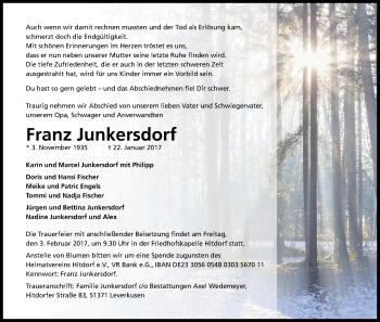 Anzeige von Franz Junkersdorf von Kölner Stadt-Anzeiger / Kölnische Rundschau / Express