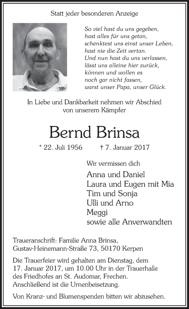  Traueranzeige für Bernd Brinsa vom 14.01.2017 aus  Sonntags-Post 