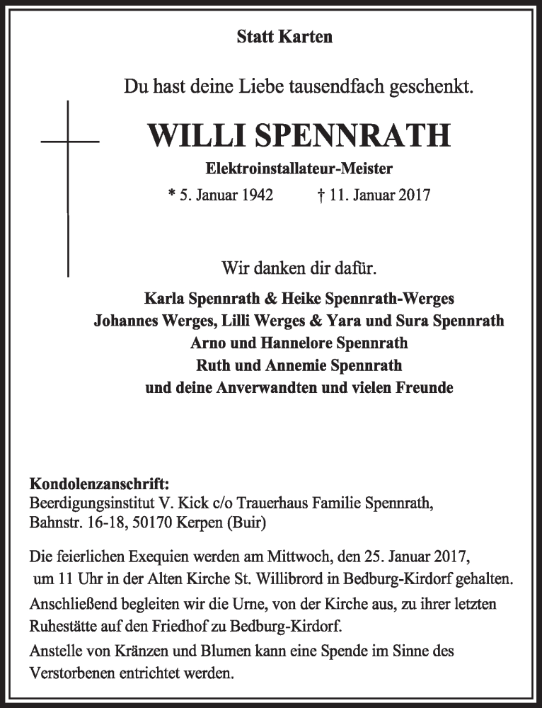  Traueranzeige für Willi Spennrath vom 21.01.2017 aus  Sonntags-Post 