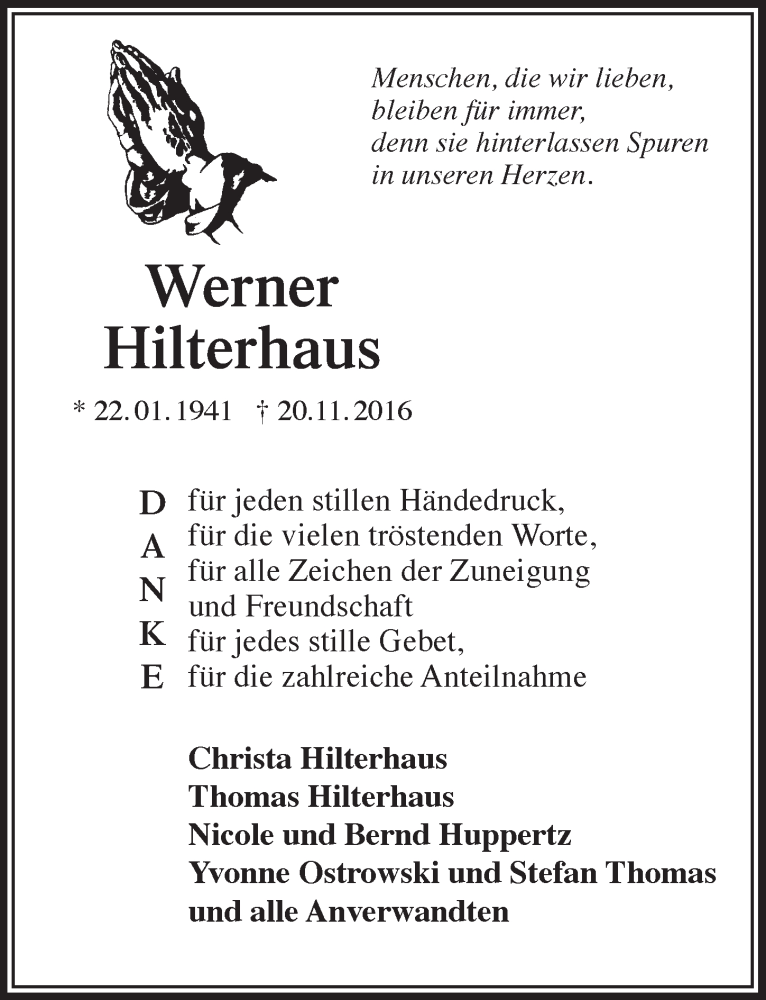 Traueranzeige für Werner Hilterhaus vom 04.01.2017 aus  Anzeigen Echo 