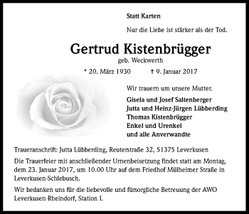 Anzeige von Gertrud Kistenbrügger von Kölner Stadt-Anzeiger / Kölnische Rundschau / Express