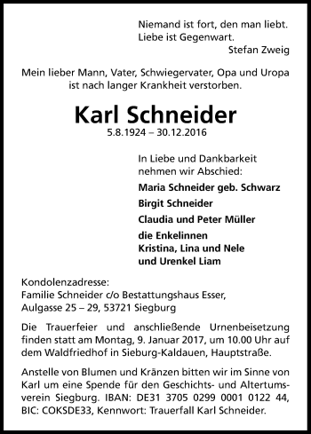 Anzeige von Karl Schneider von Kölner Stadt-Anzeiger / Kölnische Rundschau / Express
