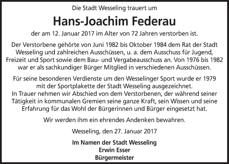  Traueranzeige für Hans-Joachim Federau vom 01.02.2017 aus  Schlossbote/Werbekurier 