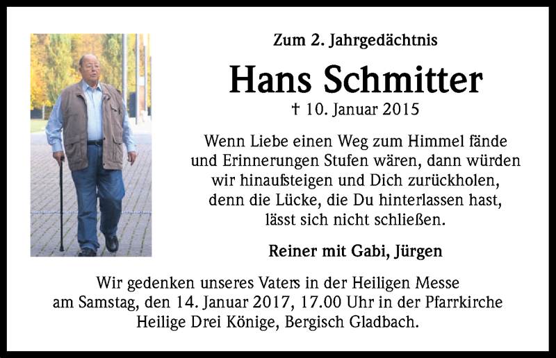  Traueranzeige für Hans Schmitter vom 10.01.2017 aus Kölner Stadt-Anzeiger / Kölnische Rundschau / Express