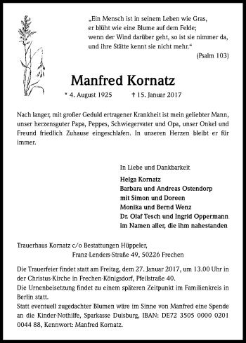 Anzeige von Manfred Kornatz von Kölner Stadt-Anzeiger / Kölnische Rundschau / Express