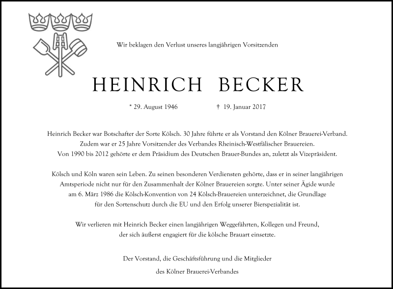  Traueranzeige für Heinrich Becker vom 24.01.2017 aus Kölner Stadt-Anzeiger / Kölnische Rundschau / Express