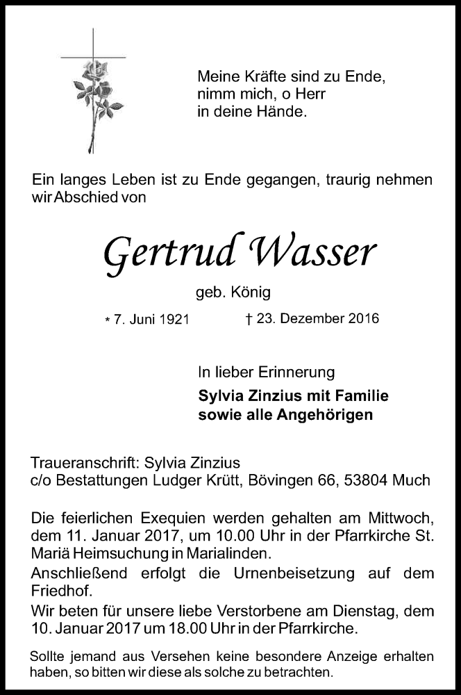  Traueranzeige für Gertrud Wasser vom 07.01.2017 aus Kölner Stadt-Anzeiger / Kölnische Rundschau / Express