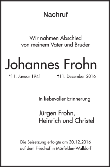 Anzeige von Johannes Frohn von  Rhein-Sieg-Wochenende 