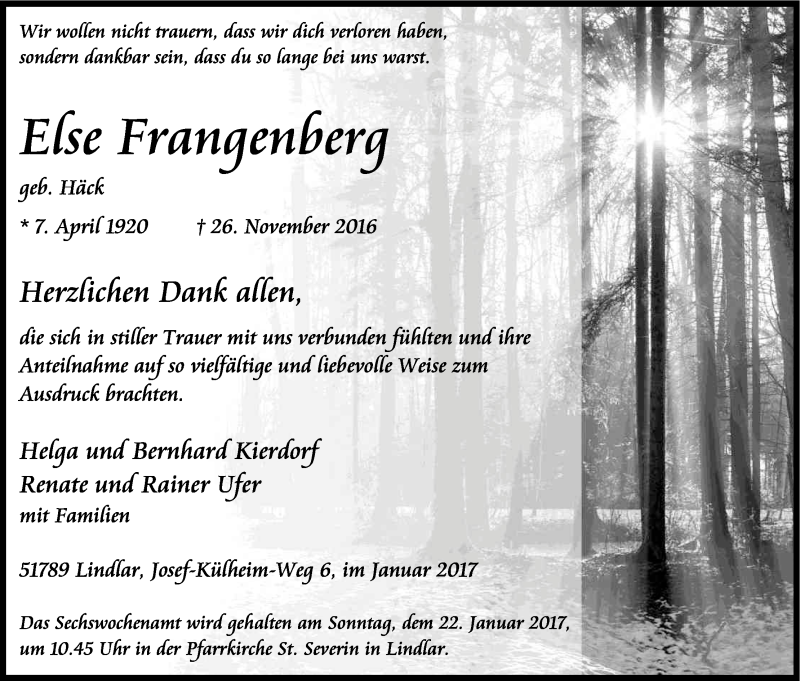  Traueranzeige für Else Frangenberg vom 14.01.2017 aus Kölner Stadt-Anzeiger / Kölnische Rundschau / Express