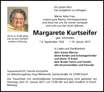 Anzeige von Margarete Kurtseifer von Kölner Stadt-Anzeiger / Kölnische Rundschau / Express