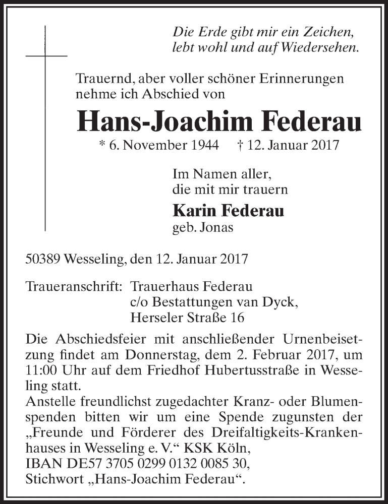  Traueranzeige für Hans-Joachim Federau vom 25.01.2017 aus  Schlossbote/Werbekurier 