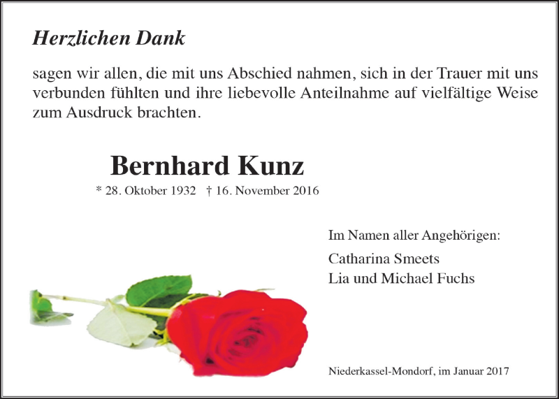  Traueranzeige für Bernhard Kunz vom 11.01.2017 aus  Extra Blatt 