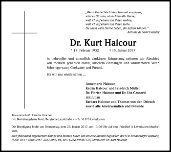 Anzeige von Kurt  Halcour von Kölner Stadt-Anzeiger / Kölnische Rundschau / Express