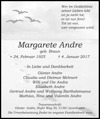 Anzeige von Margarete Andre von Kölner Stadt-Anzeiger / Kölnische Rundschau / Express