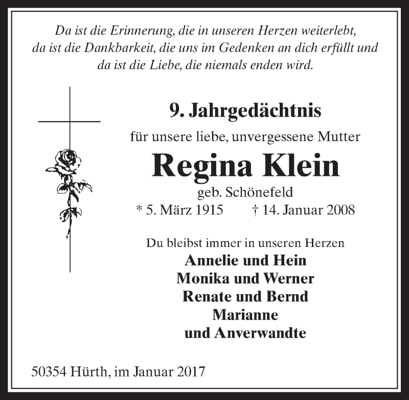  Traueranzeige für Regina Klein vom 11.01.2017 aus  Wochenende 