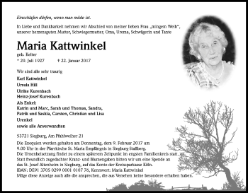 Anzeige von Maria Kattwinkel von Kölner Stadt-Anzeiger / Kölnische Rundschau / Express
