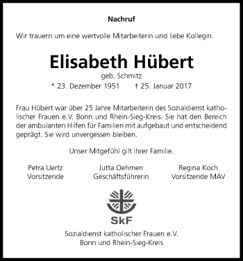 Anzeige von Elisabeth Hübert von Kölner Stadt-Anzeiger / Kölnische Rundschau / Express