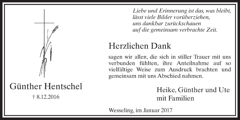 Traueranzeige für Günther Hentschel vom 04.01.2017 aus  Schlossbote/Werbekurier 