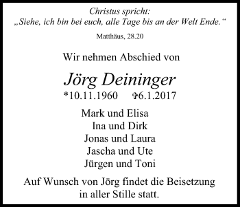 Anzeige von Jörg Deininger von Kölner Stadt-Anzeiger / Kölnische Rundschau / Express