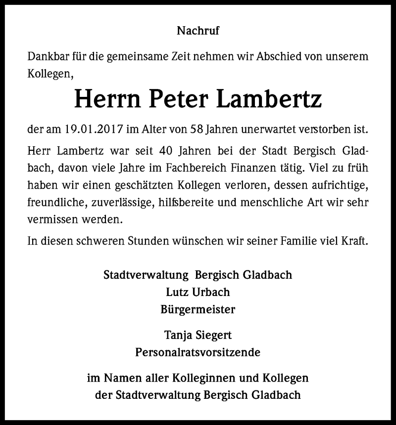 Traueranzeige für Peter Lambertz vom 30.01.2017 aus Kölner Stadt-Anzeiger / Kölnische Rundschau / Express