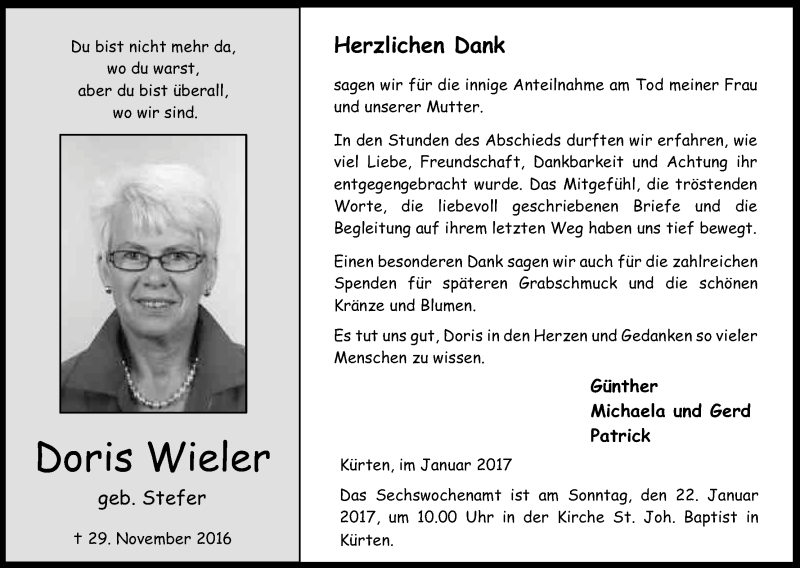  Traueranzeige für Doris Wieler vom 14.01.2017 aus Kölner Stadt-Anzeiger / Kölnische Rundschau / Express