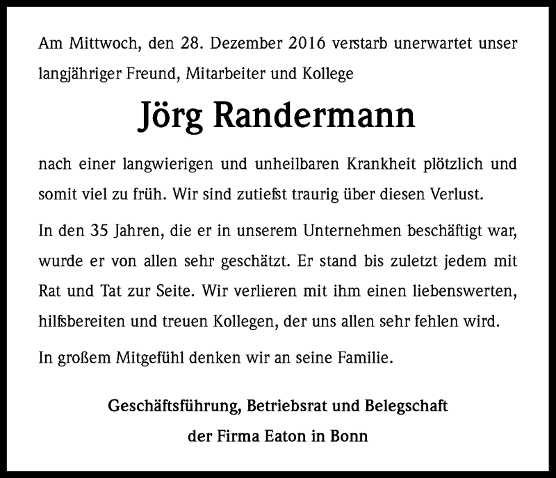  Traueranzeige für Jörg Randermann vom 14.01.2017 aus Kölner Stadt-Anzeiger / Kölnische Rundschau / Express