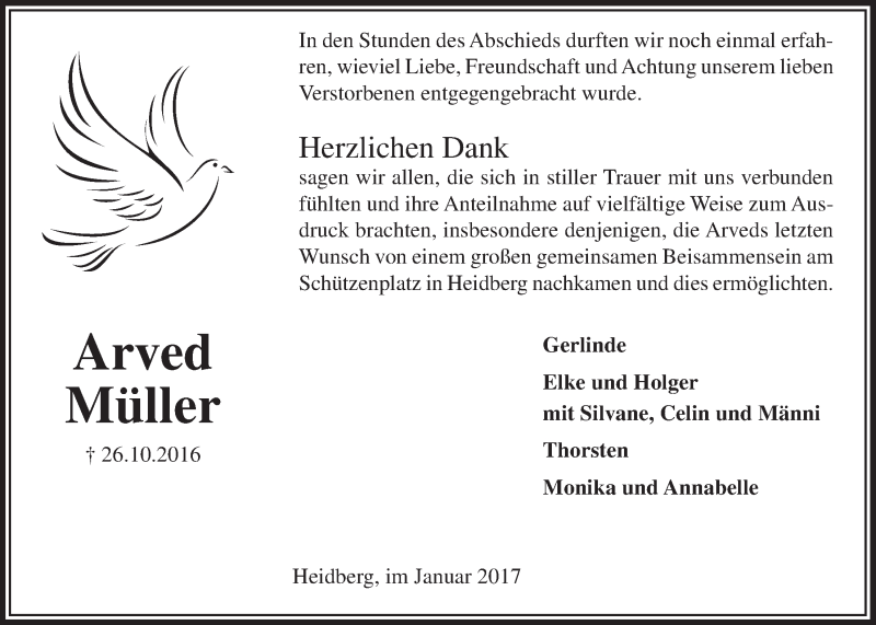  Traueranzeige für Arved Müller vom 18.01.2017 aus  Lokalanzeiger 