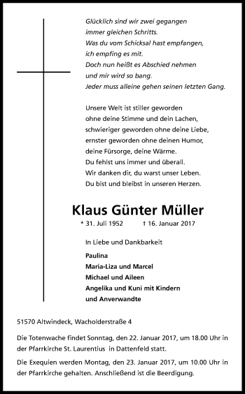 Anzeige von Klaus Günter Müller von Kölner Stadt-Anzeiger / Kölnische Rundschau / Express