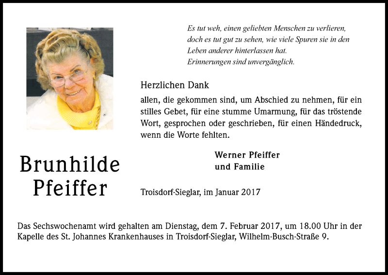  Traueranzeige für Brunhilde Pfeiffer vom 28.01.2017 aus Kölner Stadt-Anzeiger / Kölnische Rundschau / Express