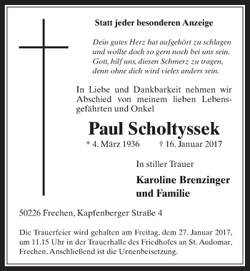 Anzeige von Paul Scholtyssek von  Wochenende 