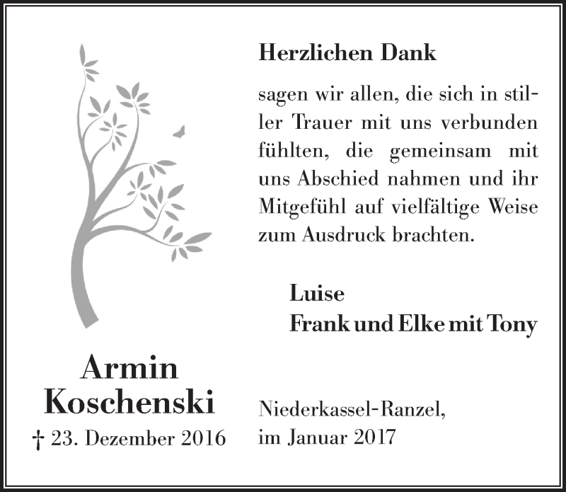  Traueranzeige für Armin Koschenski vom 25.01.2017 aus  Extra Blatt 