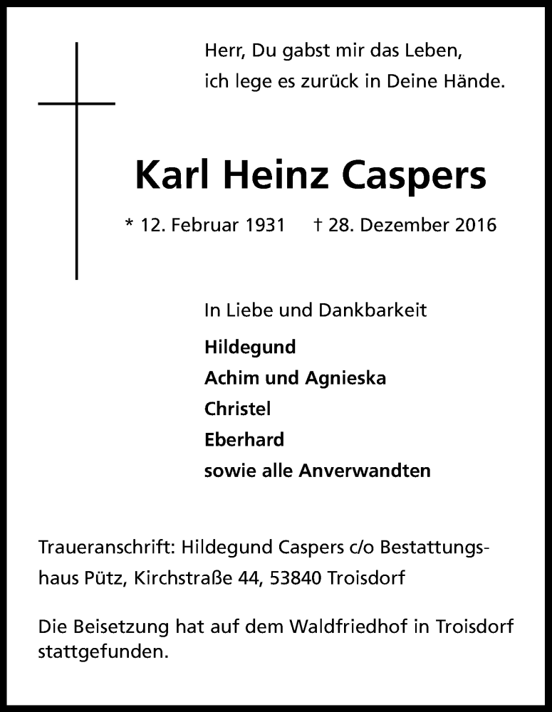  Traueranzeige für Karl Heinz Caspers vom 07.01.2017 aus Kölner Stadt-Anzeiger / Kölnische Rundschau / Express