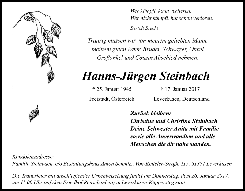  Traueranzeige für Hanns-Jürgen Steinbach vom 21.01.2017 aus Kölner Stadt-Anzeiger / Kölnische Rundschau / Express