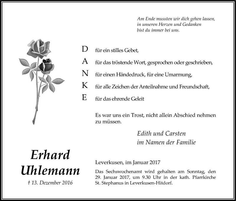  Traueranzeige für Erhard Uhlemann vom 21.01.2017 aus Kölner Stadt-Anzeiger / Kölnische Rundschau / Express