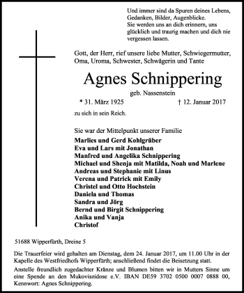 Anzeige von Agnes Schnippering von Kölner Stadt-Anzeiger / Kölnische Rundschau / Express