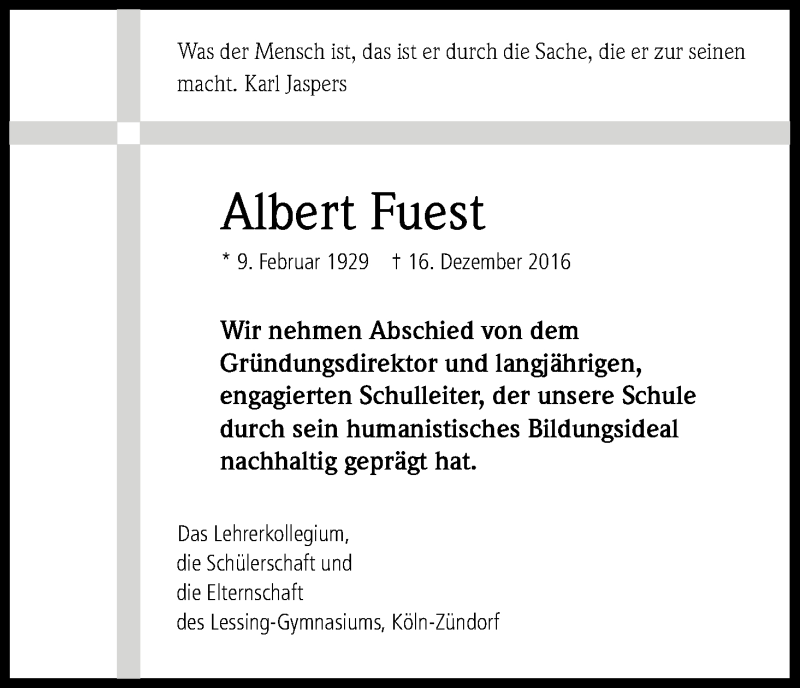  Traueranzeige für Albert Fuest vom 20.01.2017 aus Kölner Stadt-Anzeiger / Kölnische Rundschau / Express