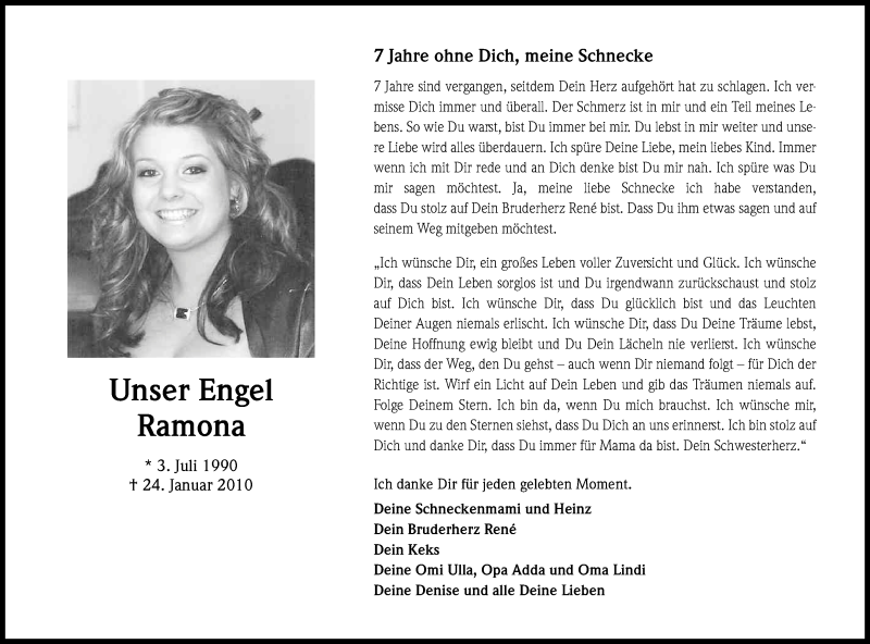  Traueranzeige für Ramona Schmitz vom 24.01.2017 aus Kölner Stadt-Anzeiger / Kölnische Rundschau / Express