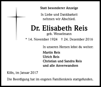 Anzeige von Elisabeth Reis von Kölner Stadt-Anzeiger / Kölnische Rundschau / Express