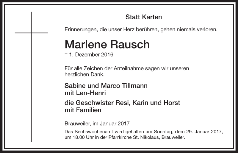  Traueranzeige für Marlene Rausch vom 21.01.2017 aus  Sonntags-Post 