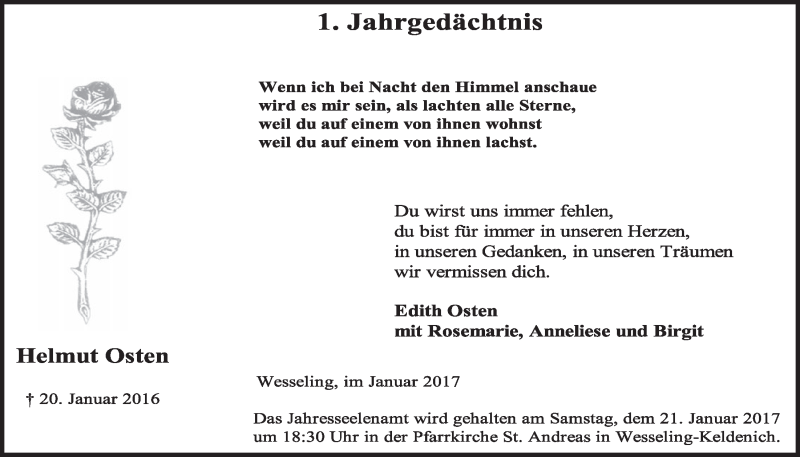  Traueranzeige für Helmut Osten vom 18.01.2017 aus  Schlossbote/Werbekurier 
