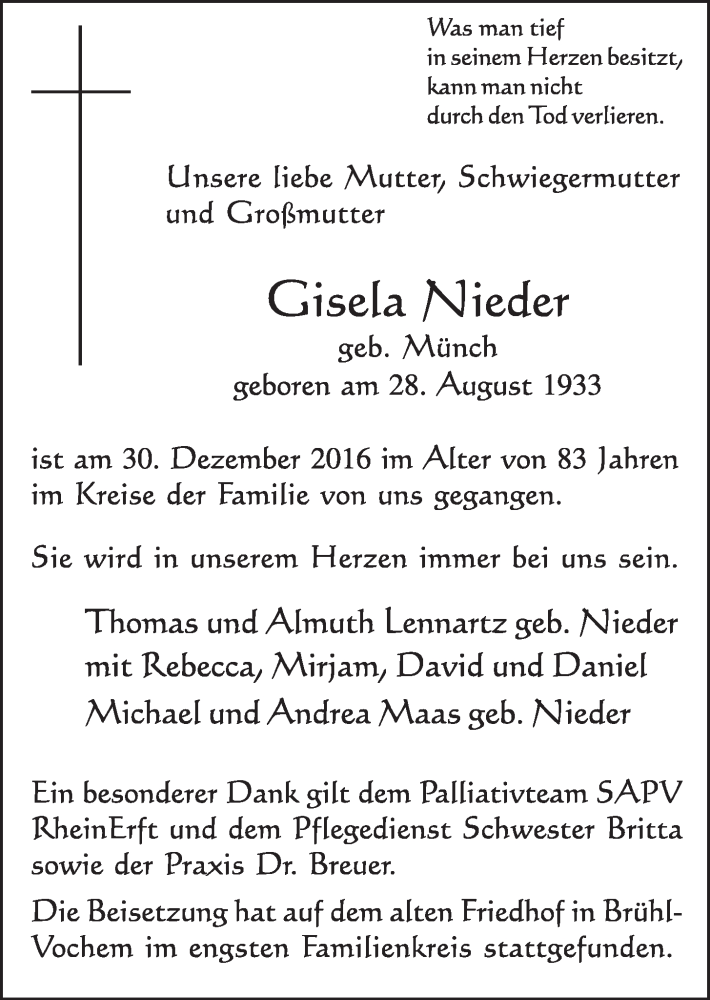  Traueranzeige für Gisela Nieder vom 25.01.2017 aus  Schlossbote/Werbekurier 