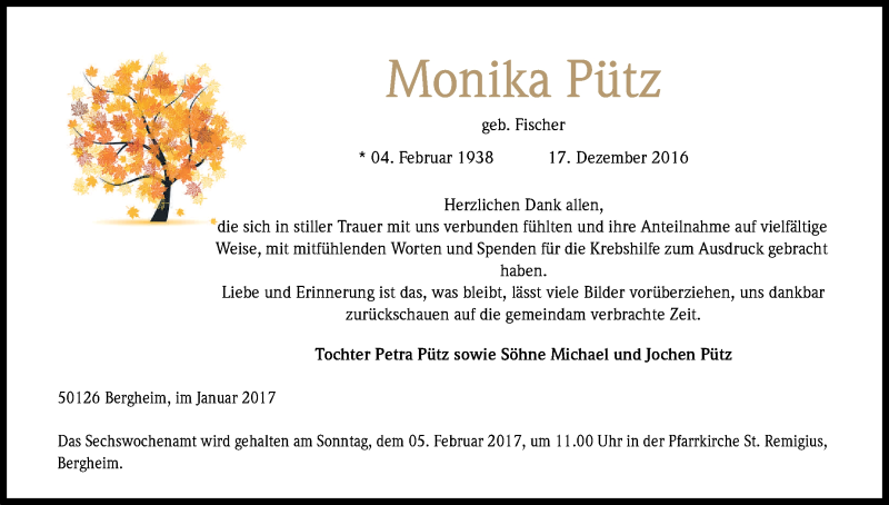  Traueranzeige für Monika Pütz vom 28.01.2017 aus Kölner Stadt-Anzeiger / Kölnische Rundschau / Express