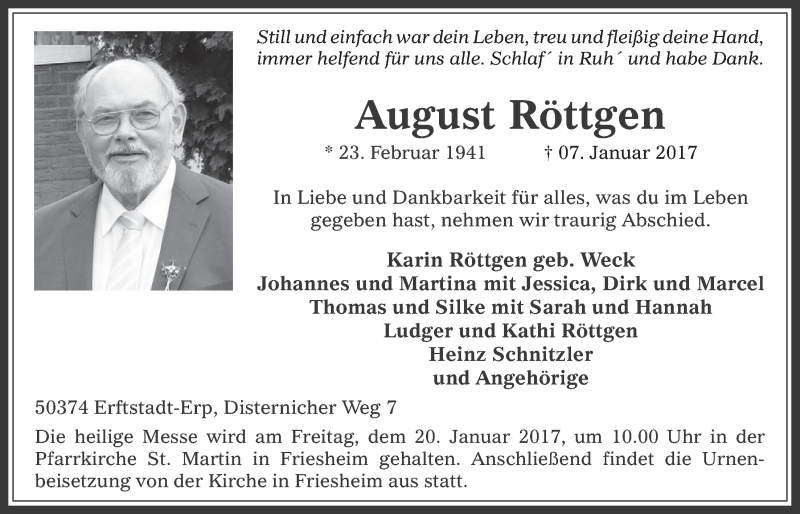  Traueranzeige für August Röttgen vom 18.01.2017 aus  Werbepost 