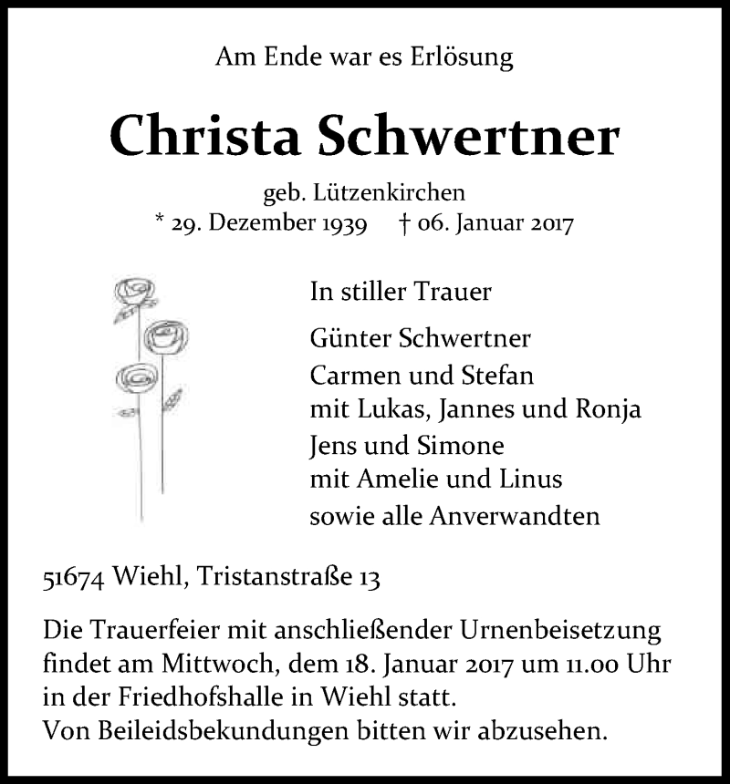  Traueranzeige für Christa Schwertner vom 11.01.2017 aus Kölner Stadt-Anzeiger / Kölnische Rundschau / Express