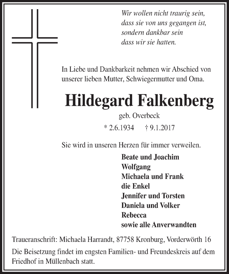  Traueranzeige für Hildegard Falkenberg vom 18.01.2017 aus  Anzeigen Echo 