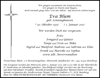 Anzeige von Eva Blum von Kölner Stadt-Anzeiger / Kölnische Rundschau / Express