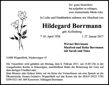 Anzeige von Hildegard Borrmann von Kölner Stadt-Anzeiger / Kölnische Rundschau / Express